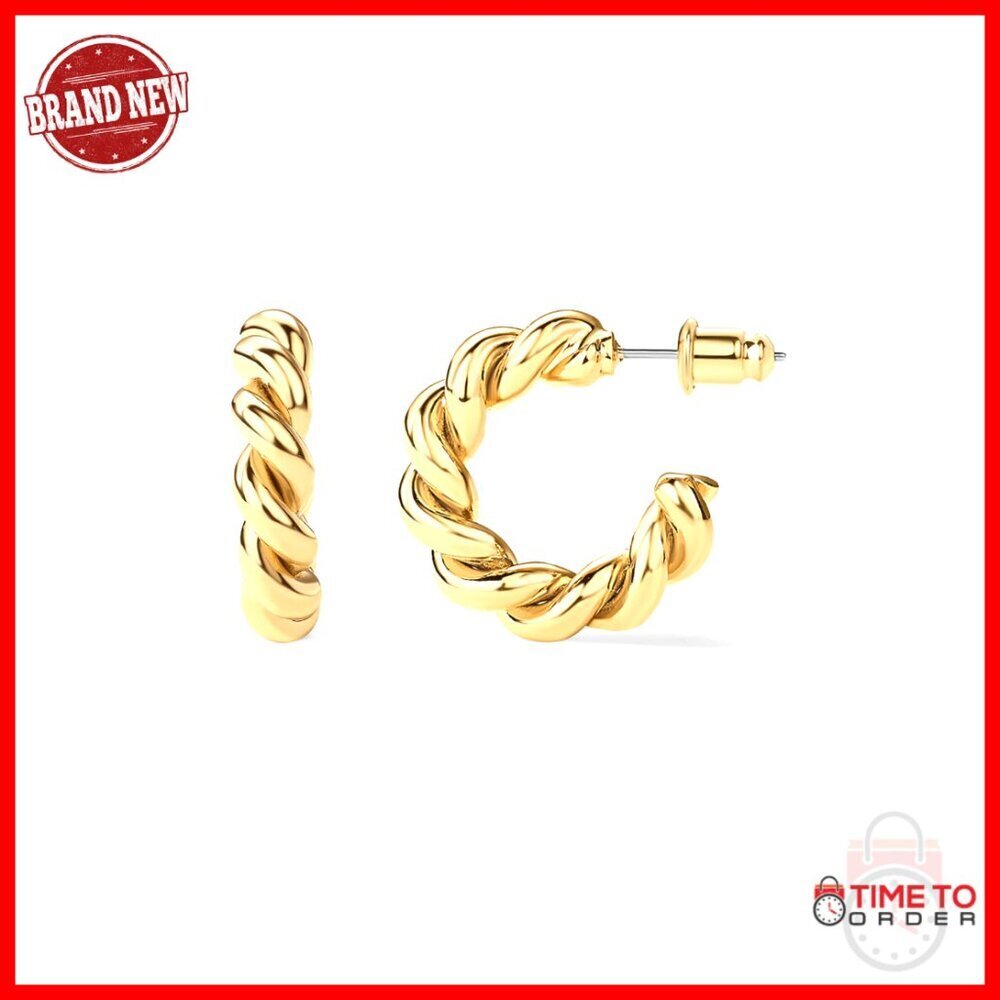 14K Gold Plated Twisted Rope Hoop Earrings 16mm Sterling Silver Posts